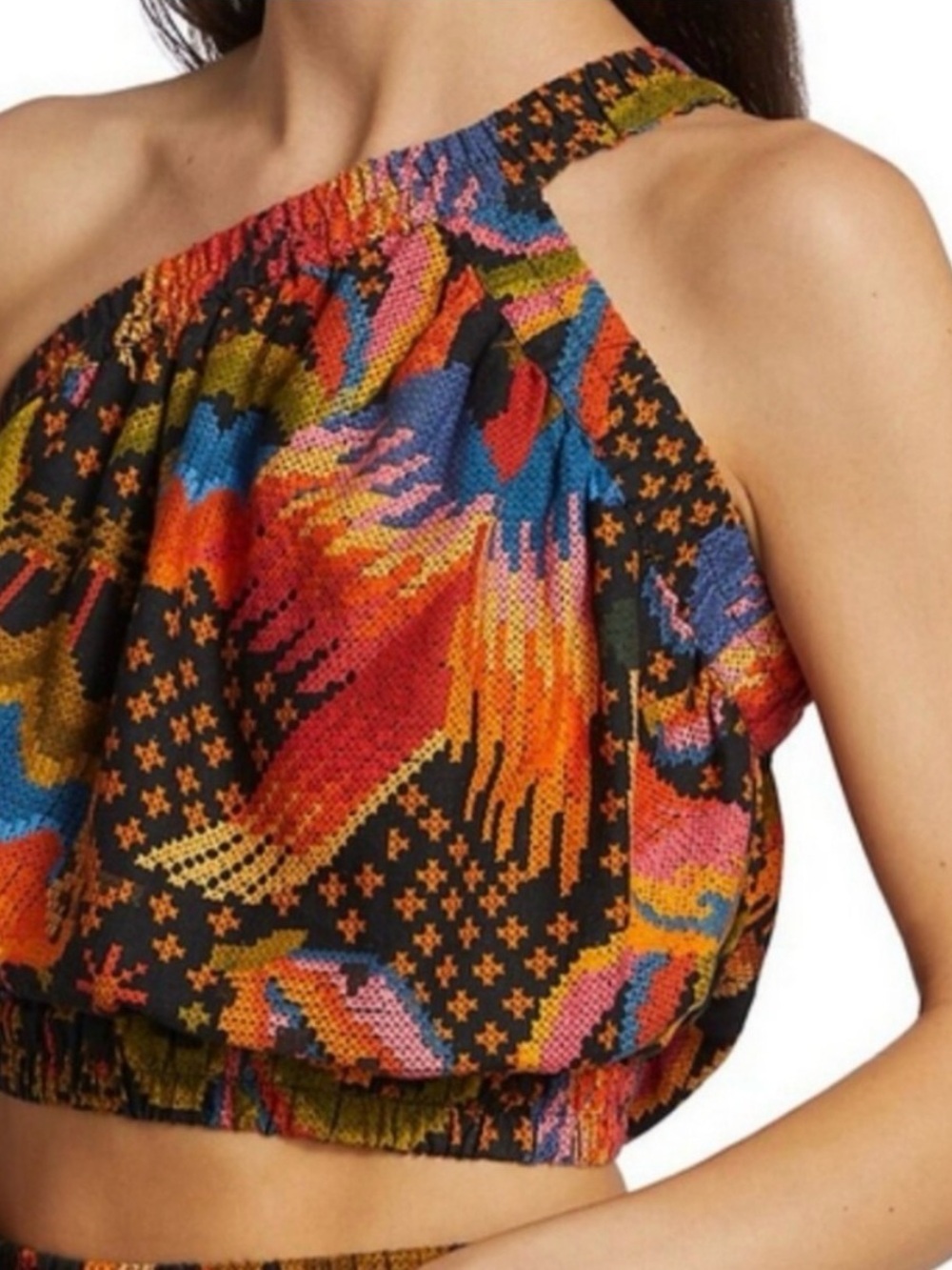 FARM Rio black Macaw Island one-shoulder crop top